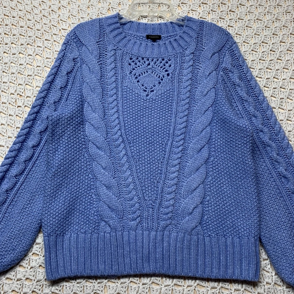 Talbots Balloon Sleeve Cable Knit Sweater Women Sz L Blue Wool Blend Crew Neck - Picture 3 of 11